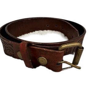 Vintage Sam Larson Hand-Tooled Leather Belt Floral Design Brass Buckle | 37”